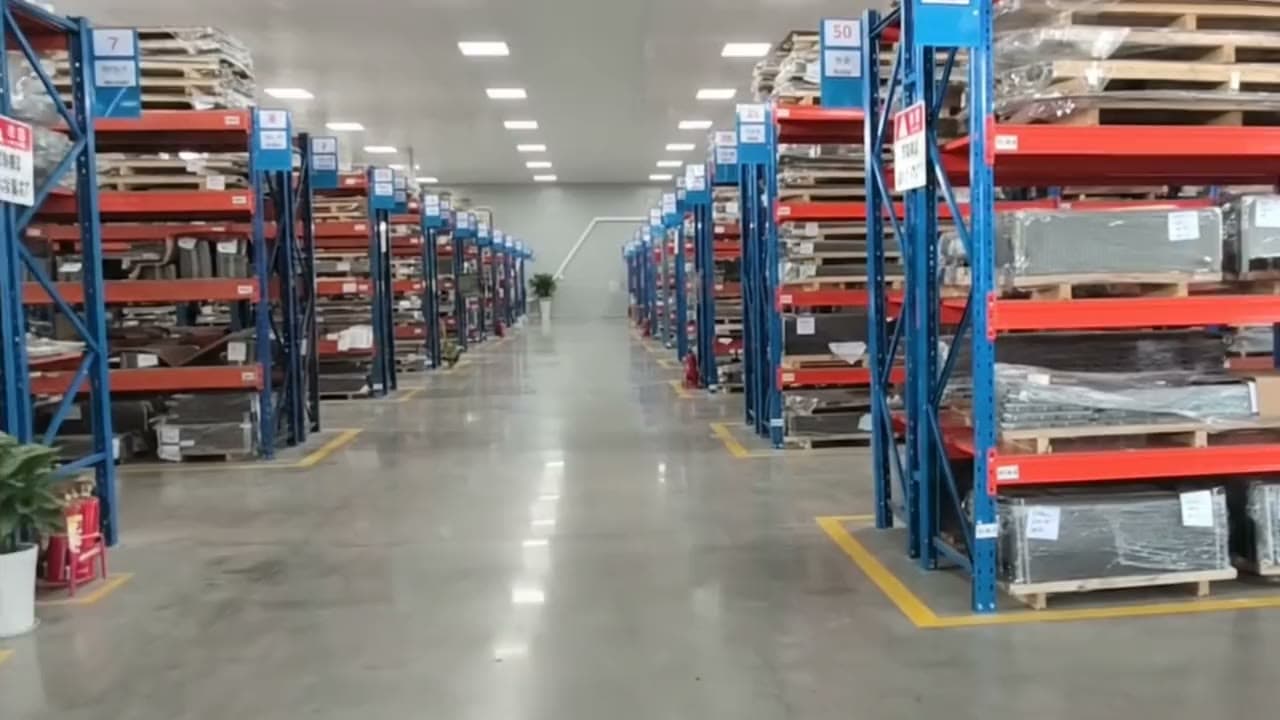 An aisle of warehouse racking stacked with wrapped plates and gaskets on pallets