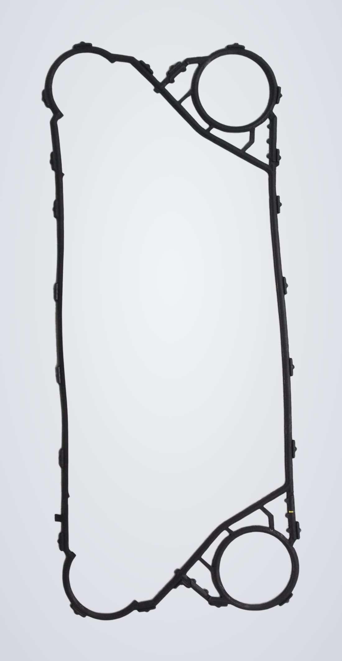 A clip-on gasket, the moulded clips spaced along its outer edge, which locate it in the plate groove without adhesive