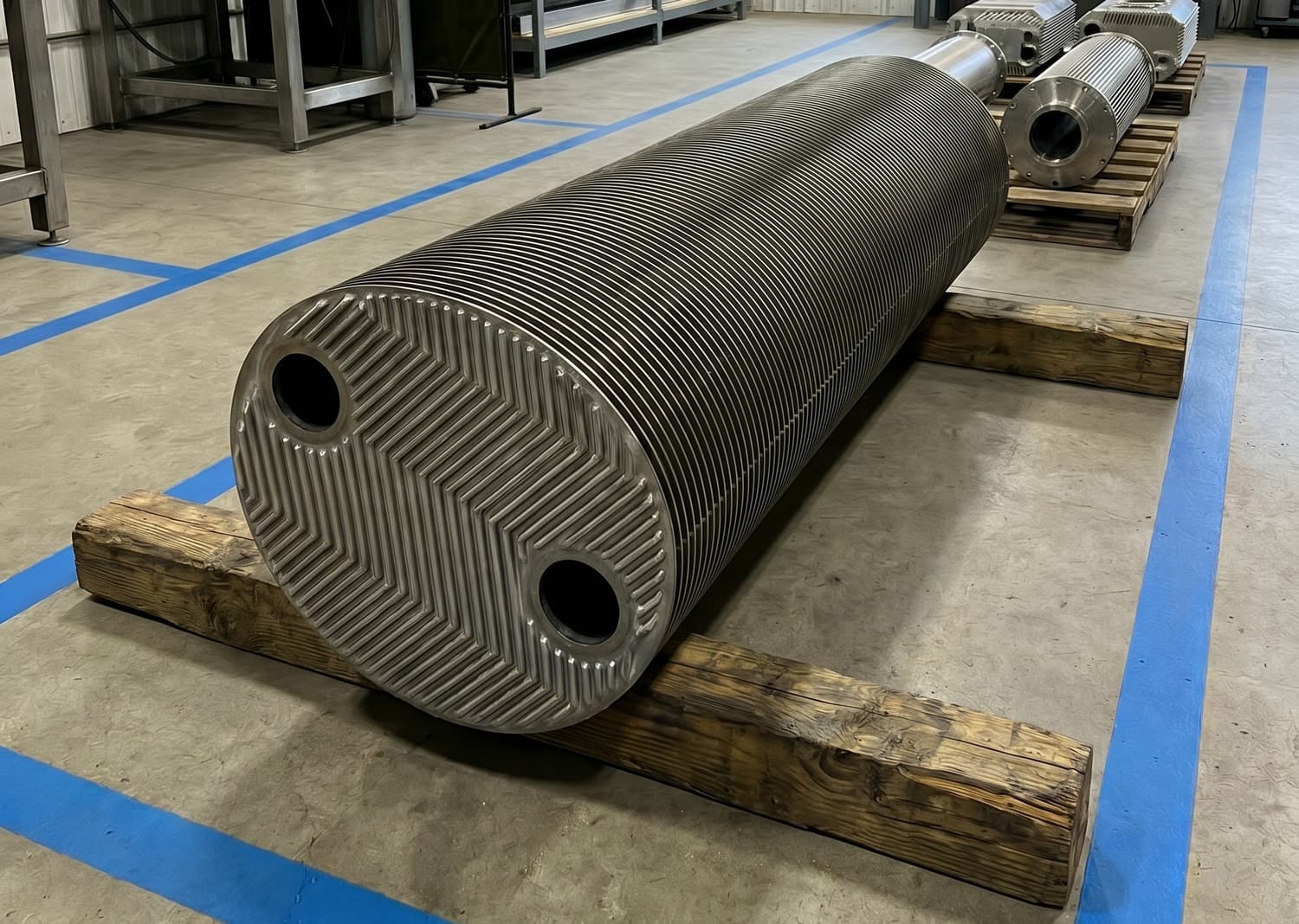 The welded plate bundle before it goes into the shell. Circular plates pressed with a herringbone field and welded into a pack. The fine lines running down the barrel are the edge of every plate in it, and the two openings in the end plate are the ports the shell-side flow turns around.