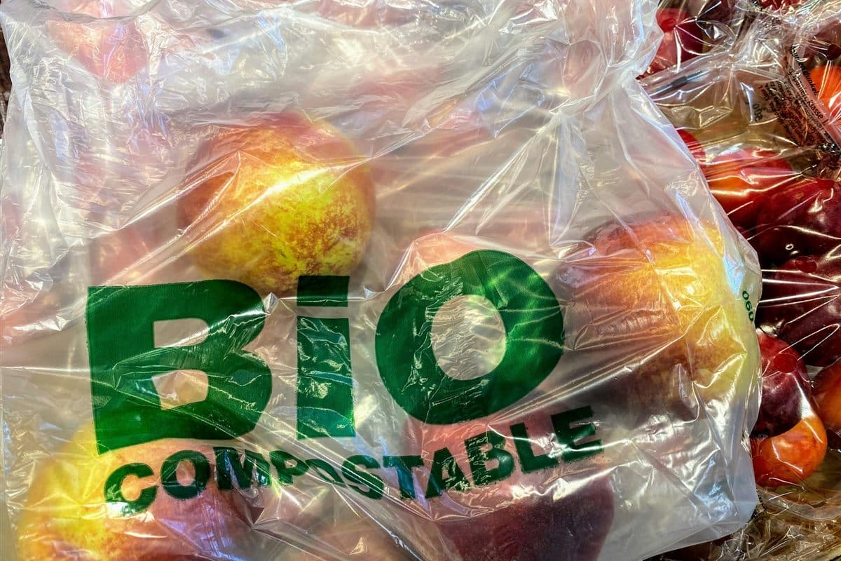 Fruit in a translucent bioplastic bag printed "bio compostable"