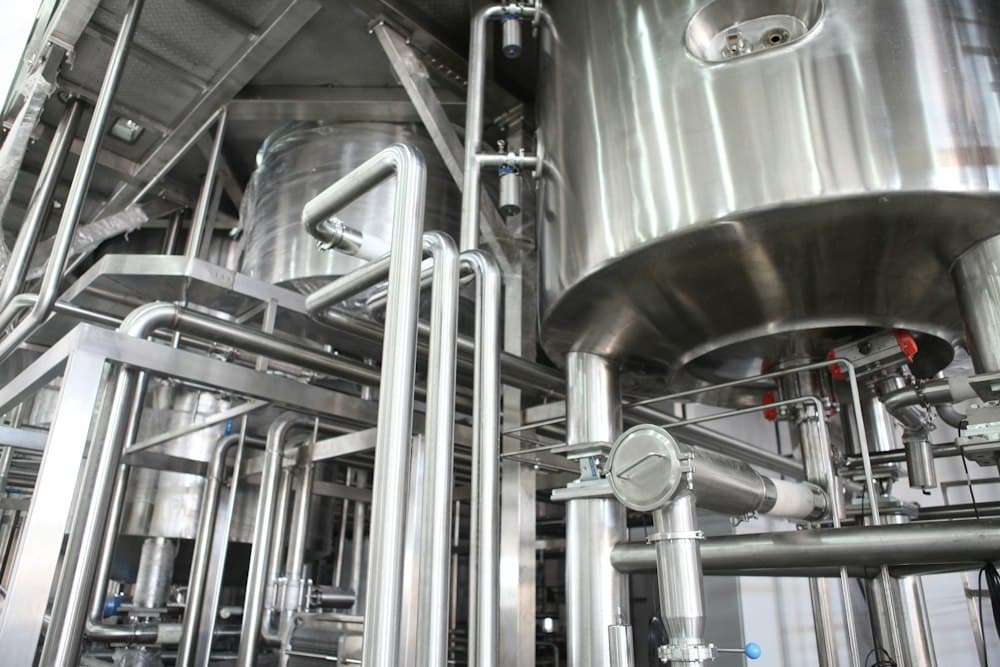 Polished stainless steel sanitary pipework, clamps and valves