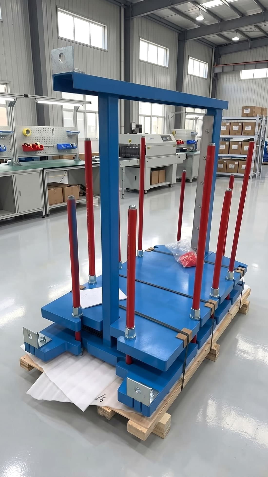The same unit packed for despatch. The frame is broken down and banded to the pallet with the plate pack between the plates, the threaded tie bars sleeved in red so the threads survive the journey, timber at every corner the strapping crosses, and the fastener bag taped on top where it cannot go missing.