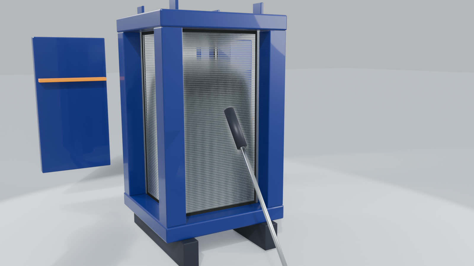 A high-pressure lance held at an angle to the open plate pack of a welded block, cleaning one face channel by channel while the panels stand aside.