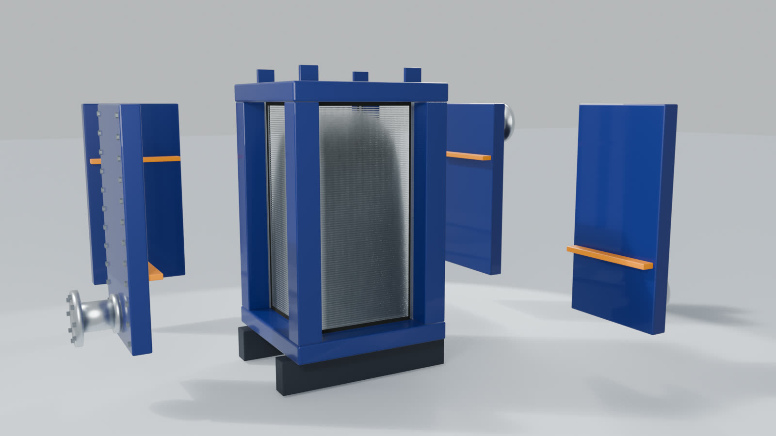A welded block heat exchanger with its side panels taken off and standing aside, each with its orange baffle, so the open plate pack can be cleaned on every side.